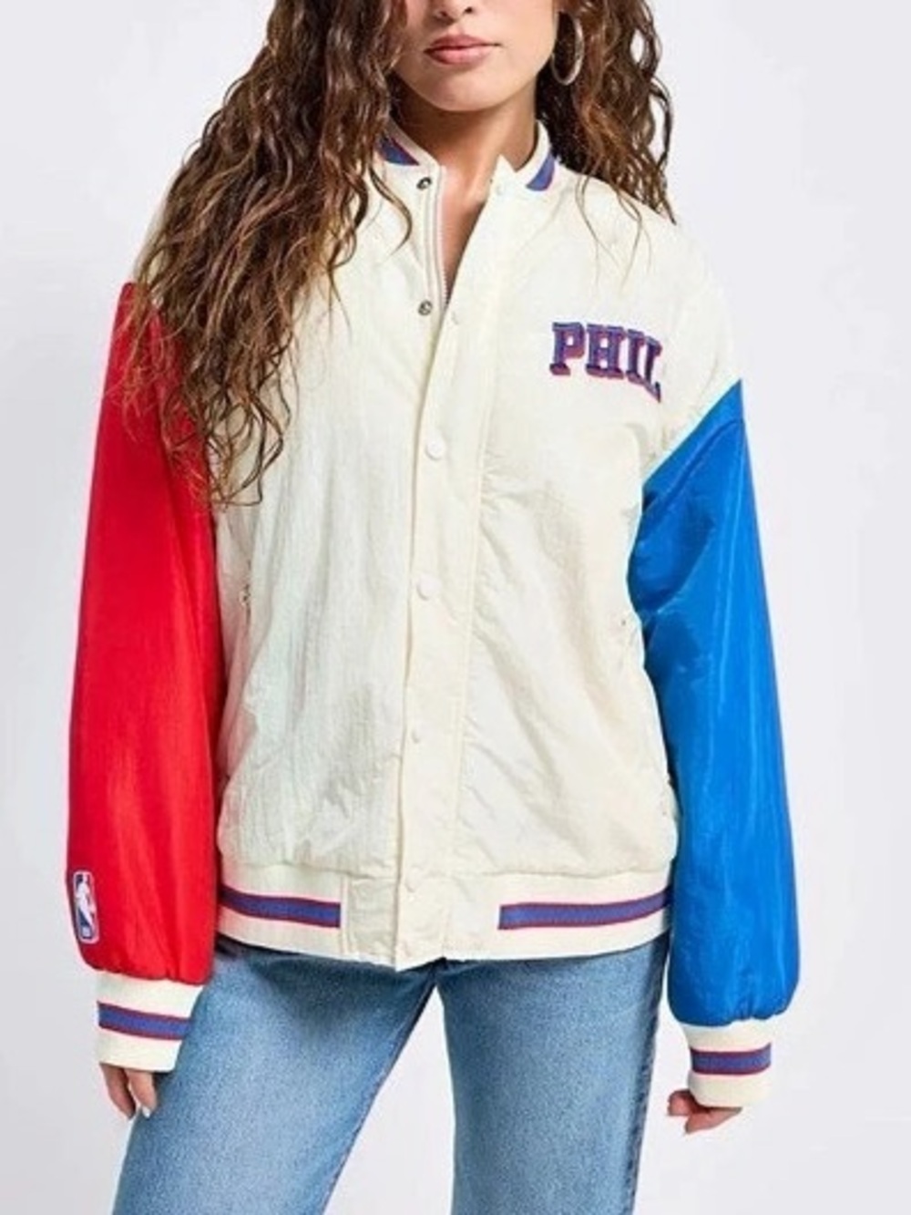 Terez Unisex 76ers Rival Bomber Color Block Cream & Blue Size Small